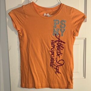 Aeropostale Orange Graphic Tee with Silver and Purple Accents